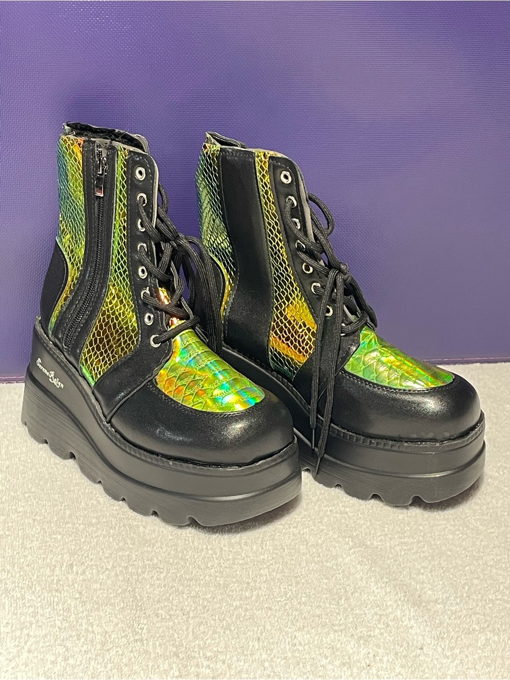 Women's Lace-Up Platform Boots with Iridescent Green Panels